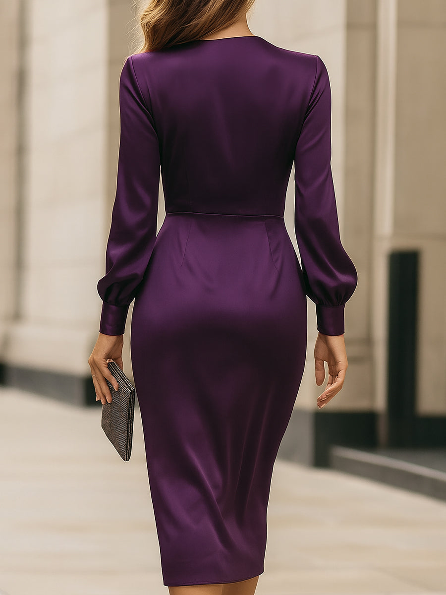 Clara | Deep Plum Satin Wrap Midi Dress