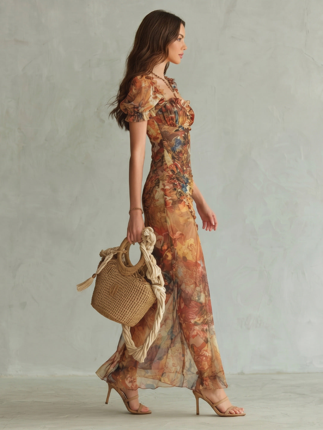 Annette | Ruffled Sleeve Ruched Slit Midi Dress