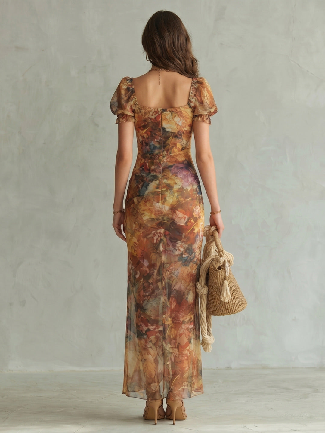 Annette | Ruffled Sleeve Ruched Slit Midi Dress