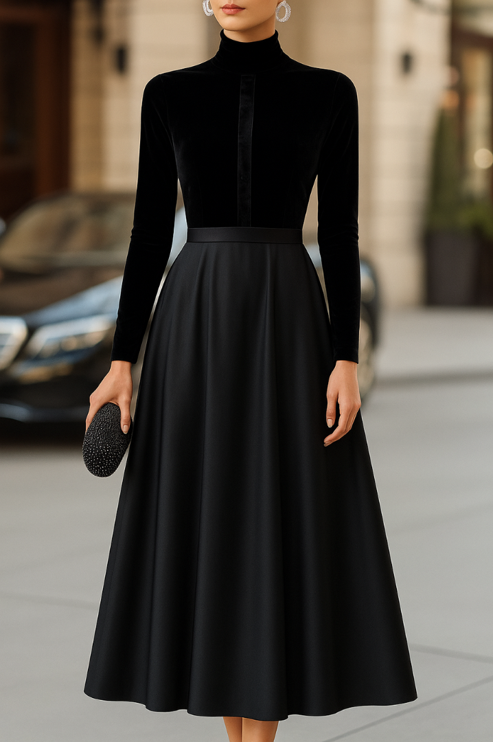 Ava | Elegant Black Velvet And Satin Midi Dress