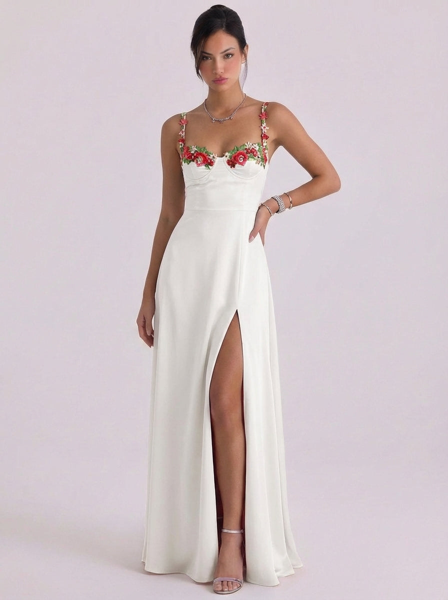 Yasmin | Satin Floral Appliqu Slip Midi Dress