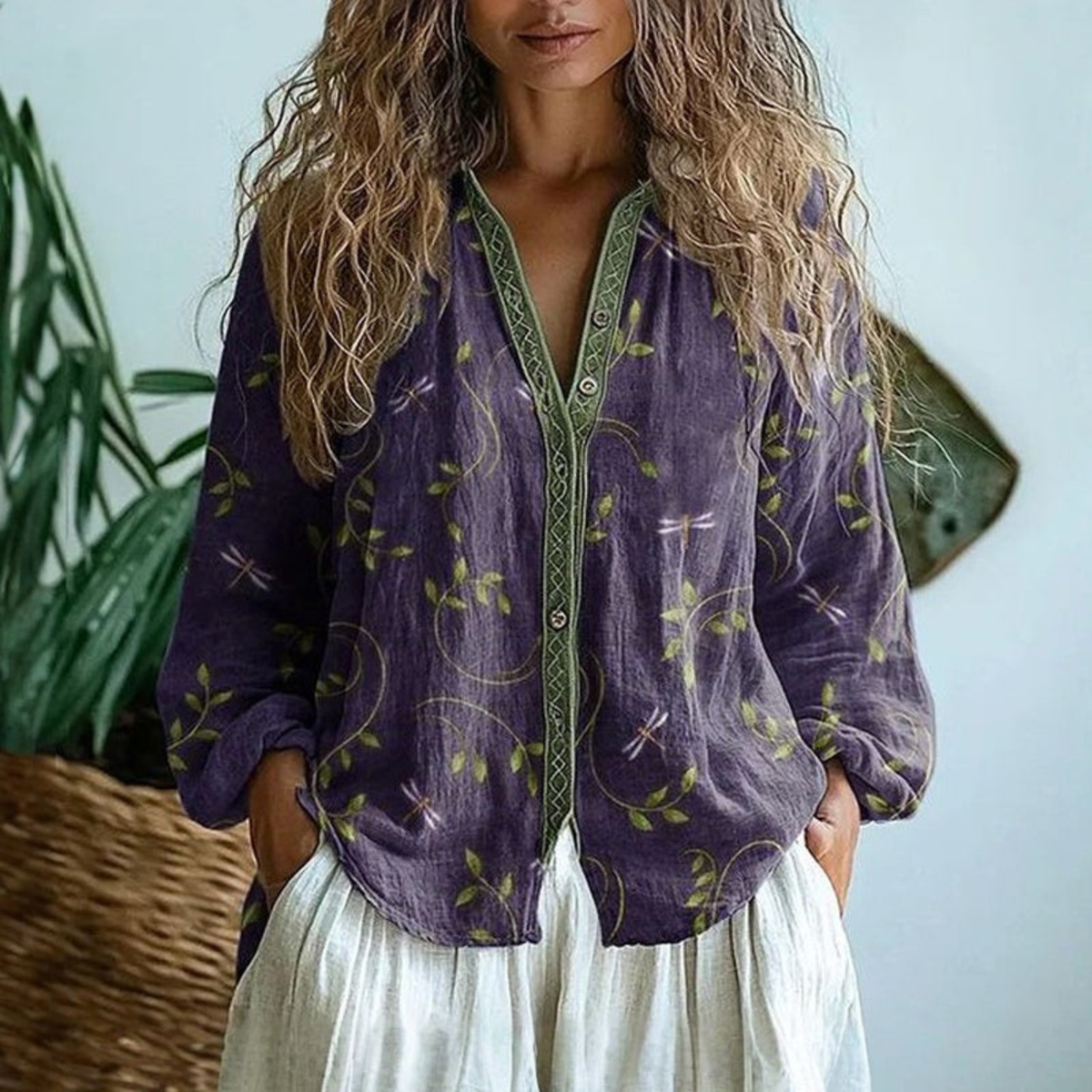 Helena | Women's Linen Long Sleeve Button-Down Blouse